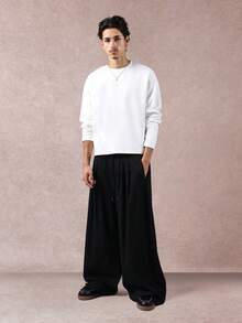 SUMWON 宽腿褶皱阔腿裤舒适抽绳腰部宽松超宽松长裤秋冬时尚高腰都市街头服饰日式简约 - 黑色 - 查看 3