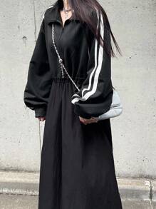 FRIFUL 女式马球领休闲侧条纹宽松长款运动连衣裙 - 黑色 - 查看 2