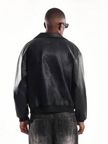 SUMWON Weave Pattern Faux Leather Harrington Jacket Quilted Design Wide Leg Streetwear Fall Winter Collection Outerwear - Black - View 3