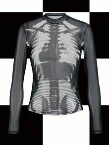 Y2Kool Gumgfx Top transparent à manches longues avec motif de squelette en maille, couleur gris foncé. Convient pour l'été, l'automne, les vacances, les fêtes et les tenues décontractées. Top en maille transparent, Top à manches longues en maille, Top transparent, top transparent. Idée de tenue assortie pour l'hiver