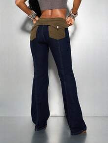 SUMWON WOMEN 低腰喇叭牛仔裤 Y2K 时尚喇叭裤灯芯绒腰带金属扣眼节日演唱会裤子秋冬街头潮流 - 彩色 - 查看 2