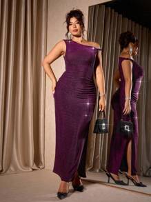 Cravure Vestido de fiesta, club y cumpleaños con brillo, pliegues y abertura en el bajo para mujeres de talla grande. Vestido de noche elegante con hombros descubiertos. - Morado - Ver 7