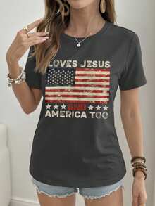 女士夏季圆领国旗和英文图案T恤，休闲简约，适合日常穿着 - 灰色 - 查看 4