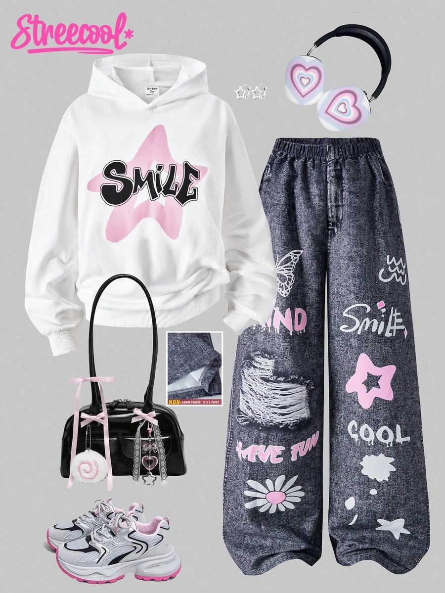 SHEIN Streecool Kids 2pcs/Set Teen Girl Hoodie Sweatshirt & Printed Pants Set Fall Winter