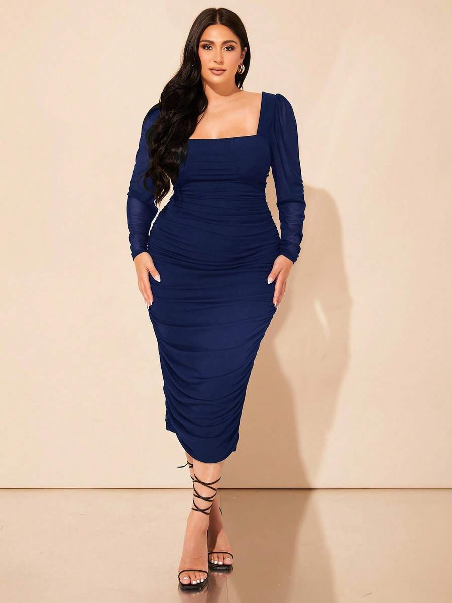 SHEIN BAE 加大码秋季黑色羊袖网眼褶皱方领优雅通勤长裙 - 藏蓝色 - 查看 1