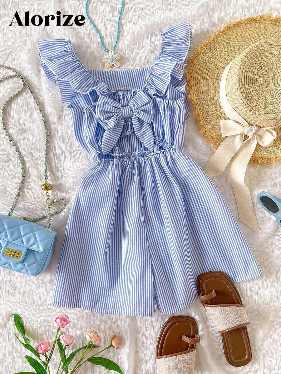 Girls' Ruffled Backless Bowknot Striped Romper, Casual Summer Vacation Beach Outfit - Blue - View 1