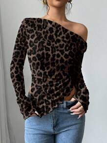 Firerie 优雅棕色豹纹露肩长袖上衣 - Old Money 女士秋冬派对装，适合约会和夜店之夜，秋季上衣 - 彩色 - 查看 5