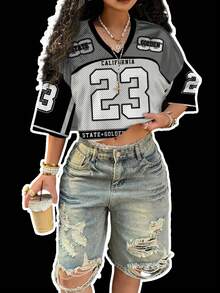 Slaydiva Chemise t-shirt en maille à manches courtes 5/8 ample et col en V pour femmes grandes tailles, casual sportif d'été