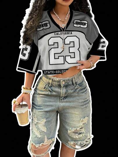 Slaydiva 大码女式 V 领宽松短款 5/8 袖网眼 T 恤，夏季运动休闲