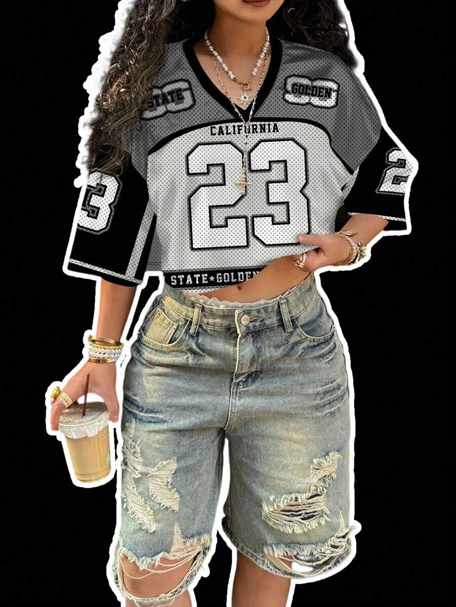 Slaydiva Chemise t-shirt en maille à manches courtes 5/8 ample et col en V pour femmes grandes tailles, casual sportif d'été