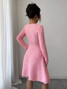 Elenzga 女士束腰 A 字形连衣裙，时尚优雅的粉色麻花针织毛衣裙