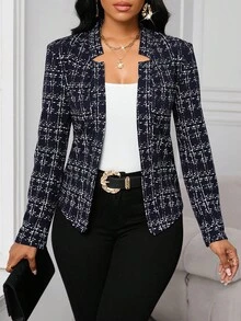 SHEIN Lady 2025 New Plus Size Color Navy Blue Graphic Long Sleeve Blazer,Fall Clothes For Women Fall Clothes For Women  Winter Clothes Elegant Chic Women's Jacket Chic Autumn Winter Jacket Trench Coats Business Casual Woman Business Casual Woman Curve Business Casual Women Suit Jacket For Women Tweed Jacket Women Plaid Blazer Open Front Blazer Women Blazer Jacket