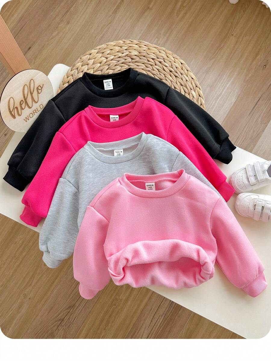 SHEIN 4pcs/Set Baby Girl Cute Solid Color Thermal Lined Long Sleeve Sweatshirt, Suitable For Autumn And Winter
