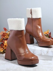 SHUZIA Contrast Fluffy Side Zip Chunky Heeled Boots - Rust Brown - View 3