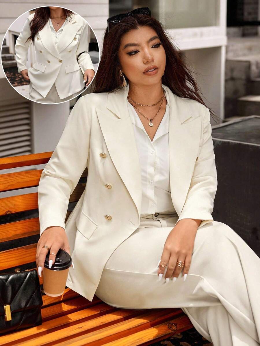 Vionelle Plus Size Solid Color Double Breasted Elegant Office Lady Long Sleeve Blazer Fall Cloth For Women