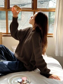 DAZY Women's Autumn/Winter Solid Color Loose Dropped Shoulder Round Neck Ribbed Knit Sweater - Rust Brown - View 5