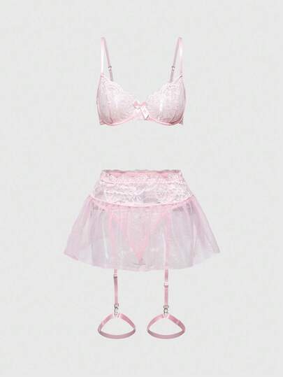 Kawaii Baby Doll Lace Mesh Bow Underwire Lingerie Set For Women