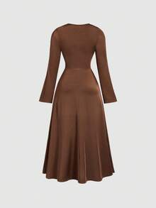 Cravure Plus Size Plunging Neckline Long Sleeve Metallic Fabric Elegant Party Dress For Women Fall Cloth For Women - Gold - View 2