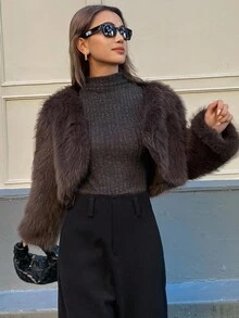 DAZY 女式短款 V 领长袖优雅宽松休闲蓬松夹克秋冬仿皮草大衣 - 灰色 - 查看 7