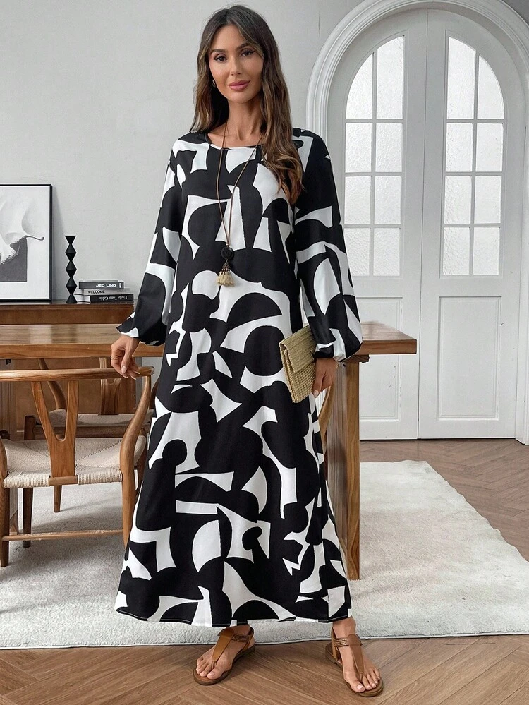 Women's Casual Vacation Full Print Dress Black And White Maxi Dress Black And White Dress Women Maxi Long Sleeve Dress Abstract Print Maxi Dress Geometric Print Maxi Dress Fall Clothes For Women  Dresses For Women Casual Dress Casual