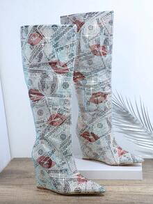 SHUZIA Closed Toe Knee High Wedge Boots - Multicolor - View 3