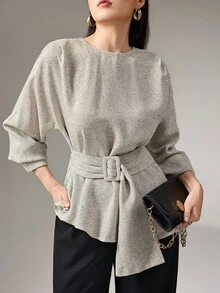 Heiryn 女士圆领蝙蝠袖打结腰优雅衬衫 - 米色 - 查看 4