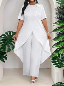 SHEIN Lady Bộ đồ 2 món thời trang công sở đi làm thanh lịch mùa xuân và mùa hè, cổ tròn, dệt màu trắng, tay ngắn cao thấp, họa tiết hoa hồng 3D cỡ lớn, trang trí hoa 3D trơn màu thanh lịch, viền bất đối xứng, áo và quần, trang phục công sở thường ngày dành cho phụ nữ, trang phục đi chơi, trang phục công sở thường ngày dành cho phụ nữ, trang phục sang trọng dành cho phụ nữ, bộ đồ mặc ở nhà dành cho phụ nữ, trang phục công sở dành cho phụ nữ, trang phục công sở thường ngày dành cho phụ nữ - trắng - Xem 5