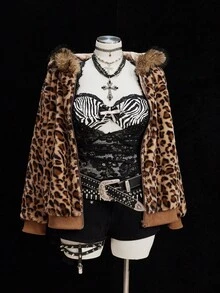 Sweetra Leopard Faux Fur Minimalist Hat & Short Vintage Casual Jacket Winter Fall Autumn - Brown - View 3