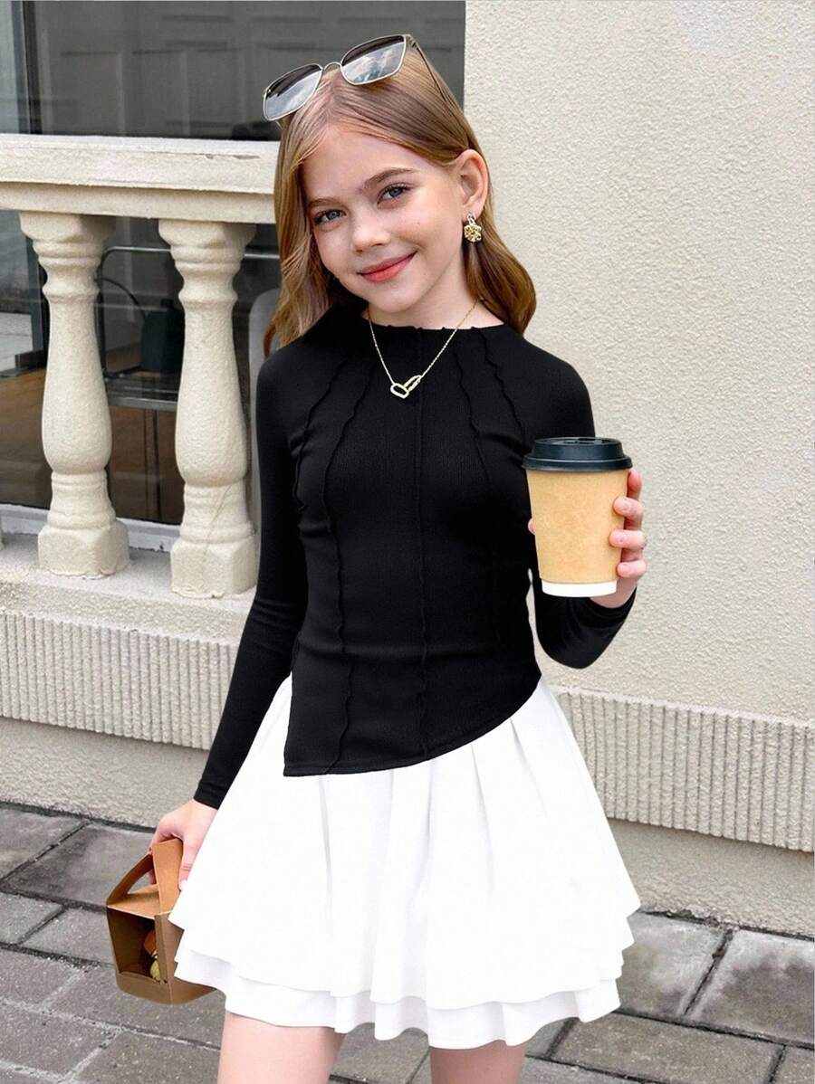 SHEIN 青少年女孩休闲纯色针织修身圆领毛衣，秋冬