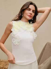 Anewsta Elegante top de camisola ajustada de punto elástico con decoración floral 3D de cuentas, para ocasiones especiales/fiestas, primavera/otoño - Albaricoque - Ver 7