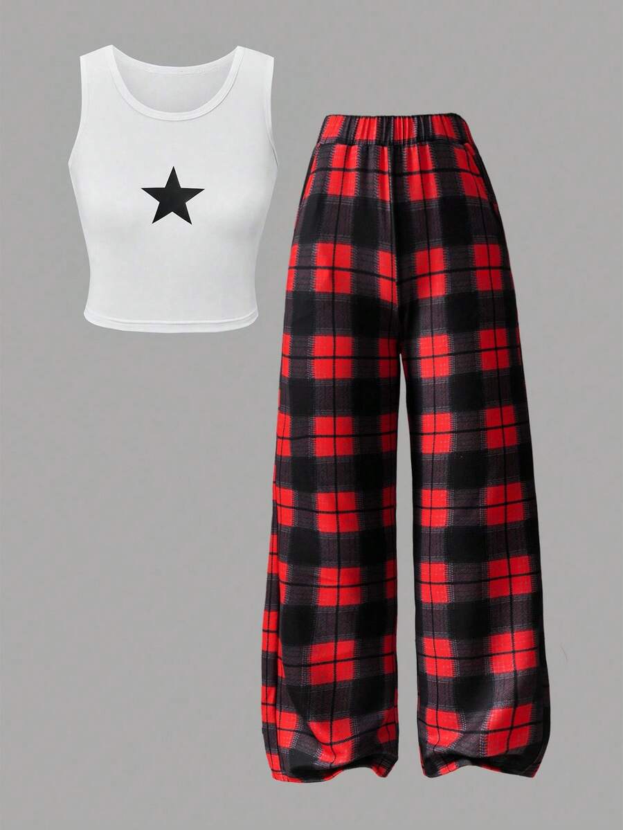 青少年女孩休闲甜美可爱吊带背心和复古格子阔腿裤两件套，适合日常、节日、假日、夏季、旅行 - 紅色 - 查看 1