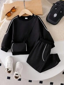 SHEIN 2件套少女条纹圆领休闲运动衫和运动裤套装 - 黑色 - 查看 5