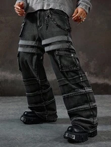 ROMWE MEN Grunge Punk Men's Casual Avant Cargo Denim Jeans, Grunge