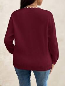 SHEIN Clasi Plus Size Round Bead Decor Long Sleeve Knitted Cardigan In Fall/Winter - Burgundy - View 2