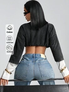 EURMUSE Low Waist A-Line Wide Leg Denim Jean Crop Hoodies For Women Long Sleeve Crop Top Crop Top Graphic Tees Women Crop Jeans Top - Medium Wash - View 6