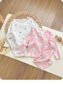 4pcs Baby Girl Cute Cat Print Ruffle Trim Round Neck Long Sleeve Top And Pants Soft Comfortable Homewear Set Graphic - Pink - View 1