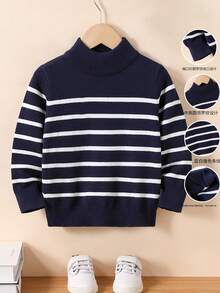 SHEIN 男童海军蓝和白色条纹高领毛衣，柔软有弹性的面料，适合春/秋/冬休闲穿着 - 藏蓝色 - 查看 1