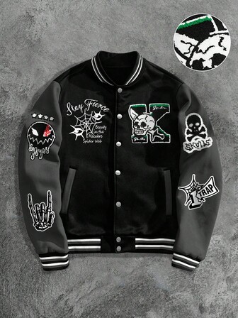 Manfinity EMRG Men's Patchwork Skeleton Applique Front Button Baseball Collar Long Sleeve Baseball Jacket Black Varsity Jacket Gothic Varsity Jacket Skull Jacket , Fall