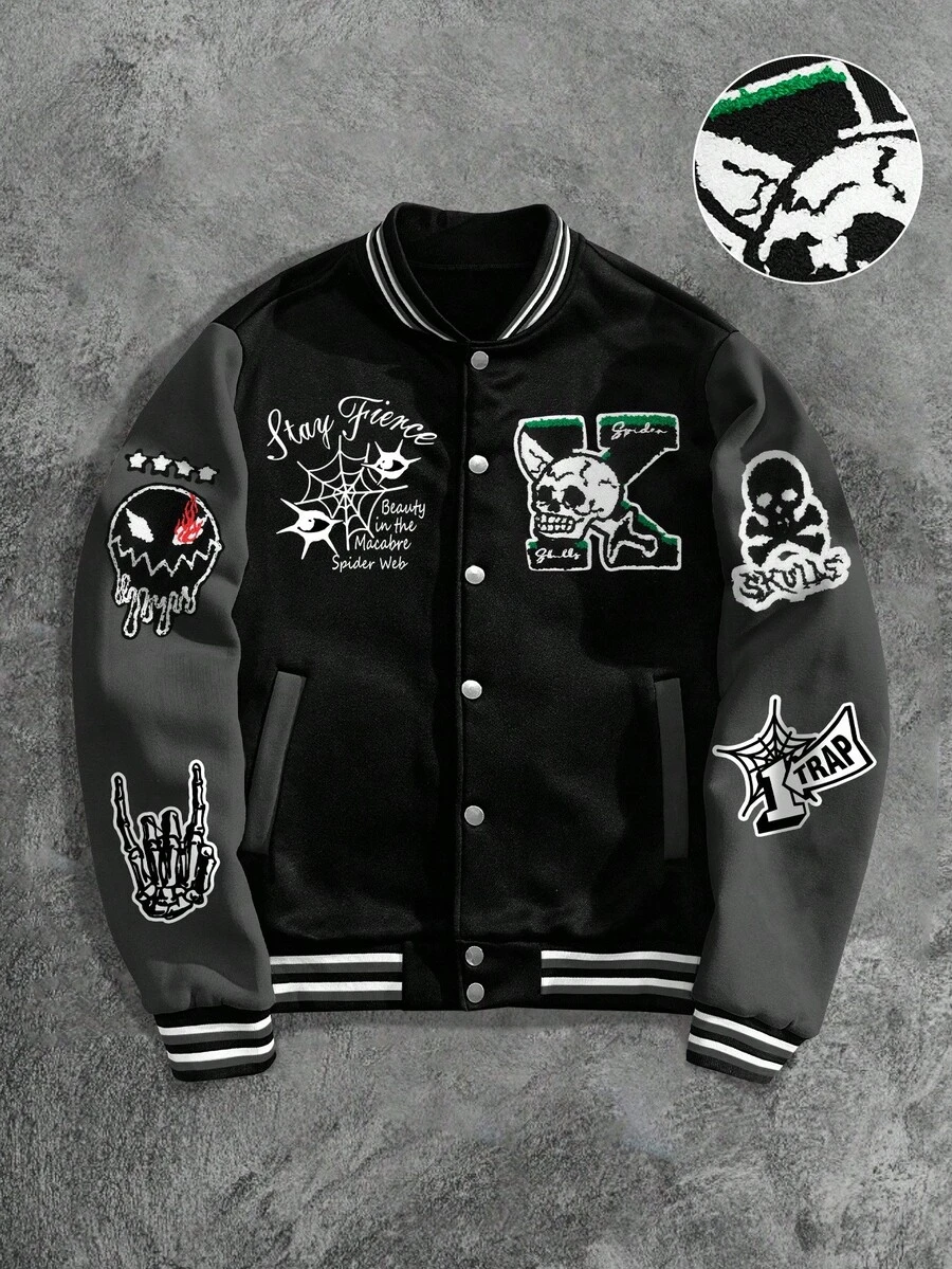 Manfinity EMRG Men's Patchwork Skeleton Applique Front Button Baseball Collar Long Sleeve Baseball Jacket Black Varsity Jacket Gothic Varsity Jacket Skull Jacket , Fall - Multicolor - View 1