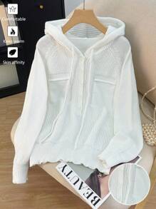 Franclia 女式休闲纯色长袖连帽毛衣，带仿口袋，秋冬 - 白色 - 查看 1
