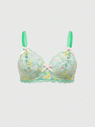 Kawaii Sujetador con aros de talla grande con bordado floral y decoración de mariposa