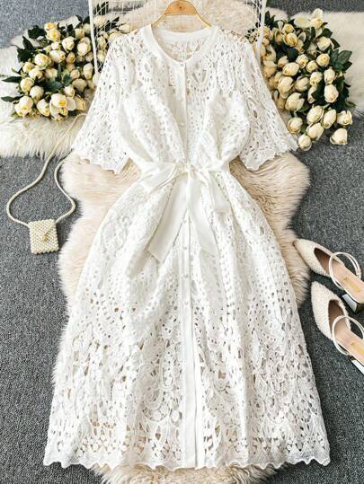 DreamSkyne Romantic Date  Women's Solid Color Water-Soluble Lace Holiday Front Pearl Button Casual Plus Size Dress