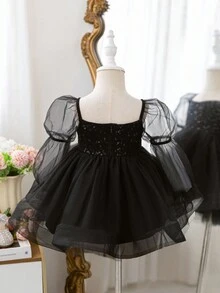 Elegant Black Mesh Long Sleeve Dress, Babygirl Fall Winter - Black - View 3