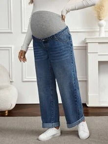 SHEIN Adjustable Waist Wide Leg Loose Maternity Jeans - Dark Wash - View 6