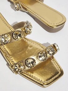 SHUZIA Women Solid Color Square Toe Lightweight Fashion Flat Sandals - Gold - View 5