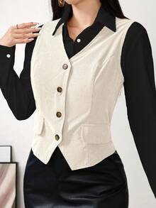 Modelyn Chaleco casual delgado de un solo pecho con cuello en V de unicolor para mujer, otoño - Albaricoque - Ver 3
