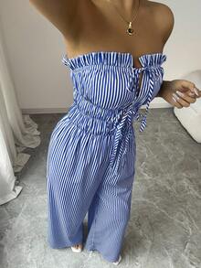 Elenzga 女士荷叶边条纹前系带阔腿休闲连体裤 - 随机花卉图案 - 藏蓝色 - 查看 5