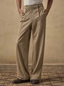 AKNOTIC Men's Woven Casual Loose Straight Leg Solid Color Pants - Khaki - View 2