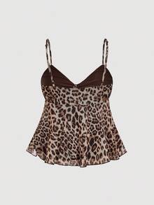 SHEIN MOD Women's Spaghetti Strap Leopard Print Ruffle Hem Tie Front Camisole, Leopard Top,Fall For Women,Halloween Costumes ,Party ,Going Out Tops,Country Concert ,Cheetah Print Top,Leopard Print Top