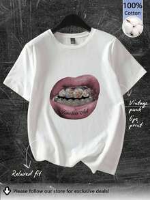 Tseoso Casual Round Neck Short Sleeve Retro Punk Gothic Lip Print Fitted Women T-Shirt, Suitable For Summer, Airport, Outdoor Wear, Y2K